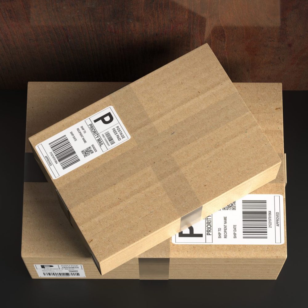Parcels delivered, doorstep delivery concept. Brown boxes on gray floor and wooden door background, top view. Carton packages left on the apartment entrance door. 3d illustration